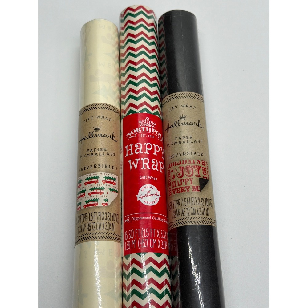 Hallmark Christmas Gift Wrap 3 Roll Bundle Reversible Red Green Black 45 SQ FT
